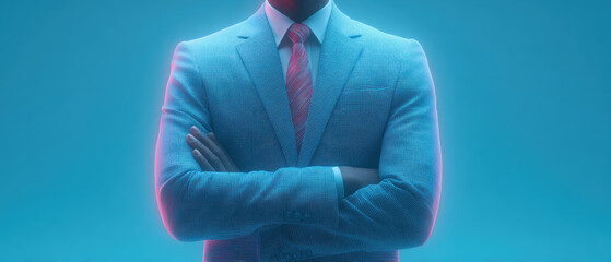 Person in suit with arms crossed stands confidently against blue background
