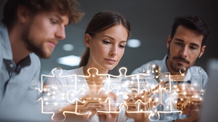 Three professionals collaborate on a project, with digital puzzle pieces overlay, symbolizing teamwork and innovation in a modern workspace.