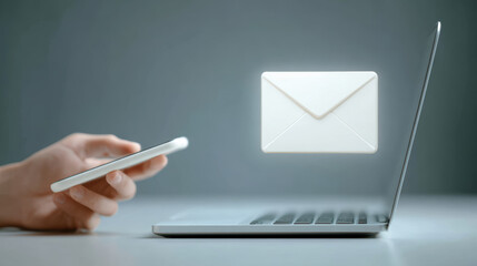 Person holds smartphone near laptop with floating email icon, symbolizing digital communication