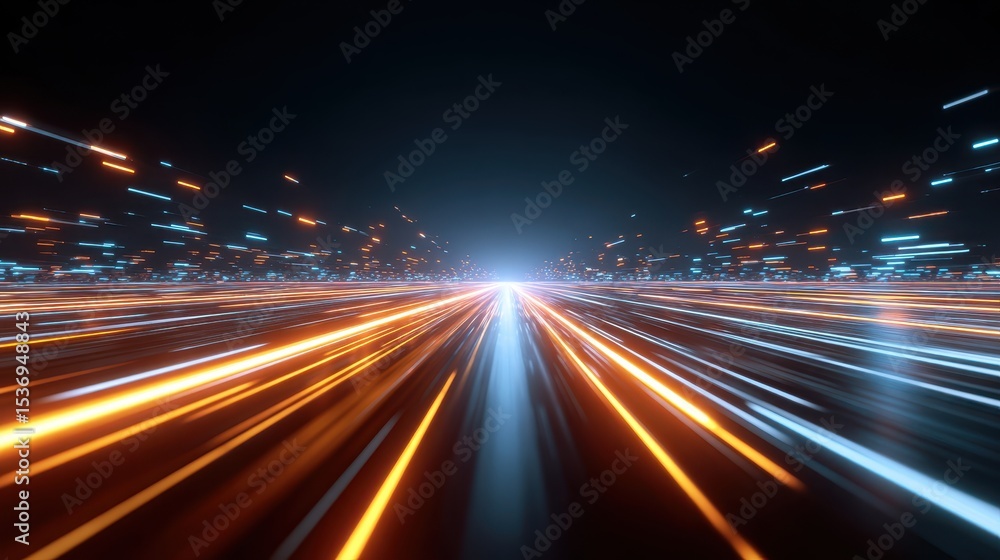 Poster dynamic light trails convey speed and motion in a dark urban environment, creating an energetic and 