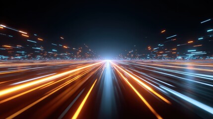 Dynamic light trails convey speed and motion in a dark urban environment, creating an energetic and futuristic atmosphere.