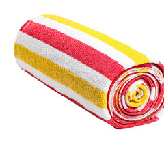 Rolled beach towel striped pattern red yellow white summer vacation travel accessory textile fabric 100cm on transparent background