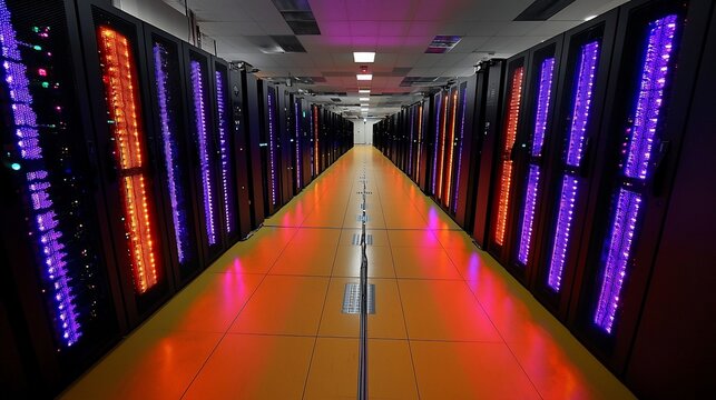 Massive server farm, illuminated with colorful lights - Powered by Adobe