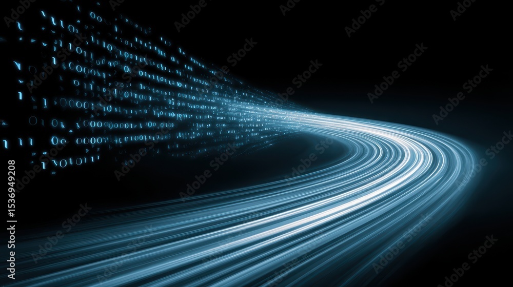 Aufkleber Digital light trails with binary code create a sense of speed and technology in a dark background.