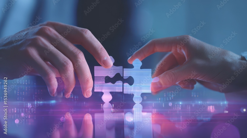 Poster two hands connecting digital puzzle pieces, symbolizing collaboration and problem-solving in a high-