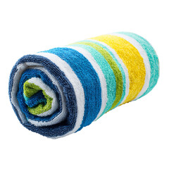 Rolled beach towel colorful stripes summer vacation travel accessory soft cotton bath towel absorbent on transparent background