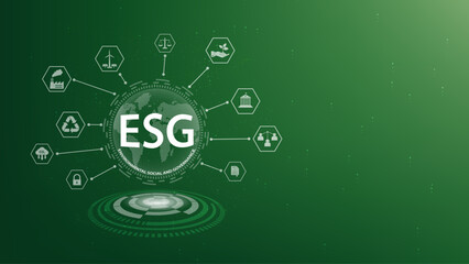 ESG concept with icons for environment, social, governance, and sustainability green background