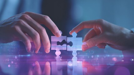 Two hands connecting digital puzzle pieces, symbolizing collaboration and problem-solving in a high-tech environment.