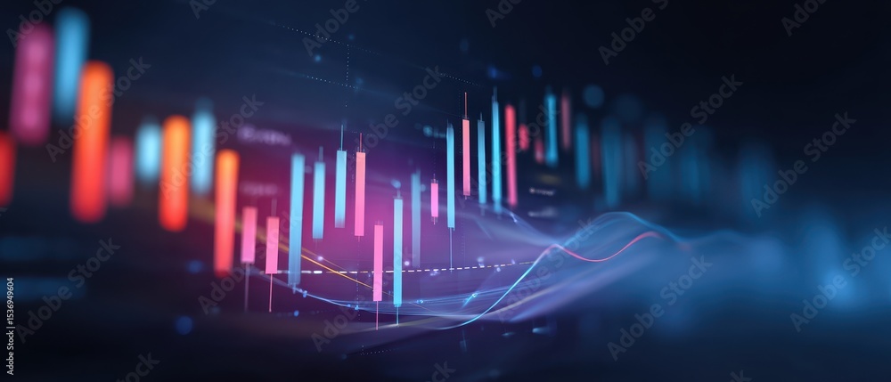 Poster abstract financial data visualization with colorful graphs and lines representing market trends and 