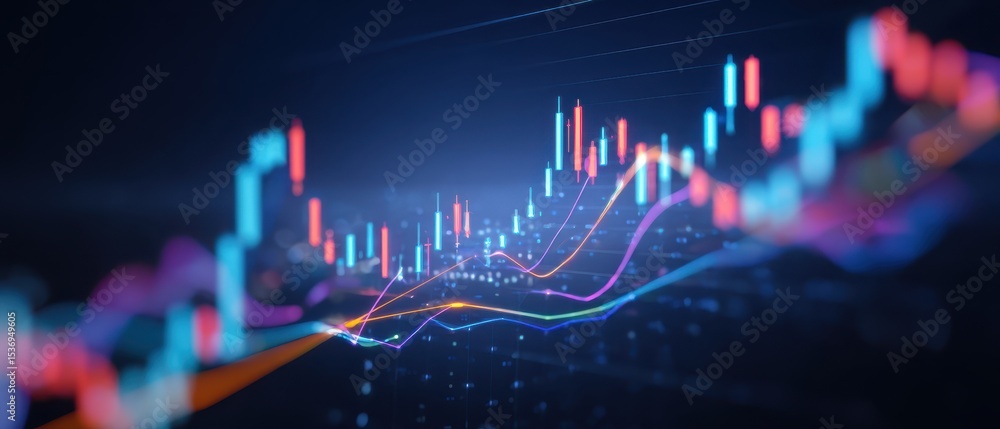 Poster abstract digital graph depicting financial trends with vibrant colors and dynamic lines against a da