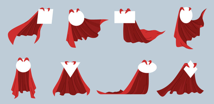 Labels with cartoon red cape. Different shapes empty banners, silk cloaks, folded draperies, superhero stickers mockup, masquerade carnival cloth with copy space nowaday vector isolated set