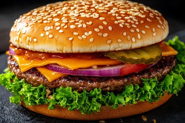 Delicious American cheeseburger with fresh ingredients close-up view