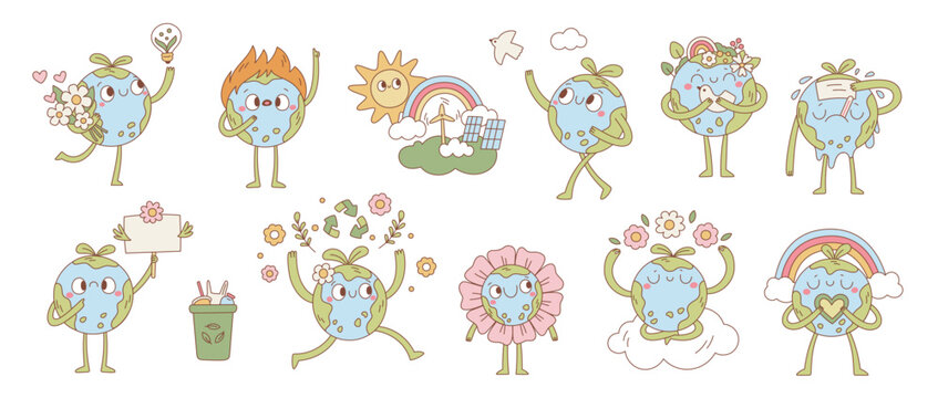 Cute planet earth mascot. Cartoon funny character, environmental issues, happy globe personage, nature and ecology, friendly nature, smile face with flowers and rainbow, garish vector set