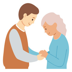 Young man and elderly woman holding hands isolated on white background