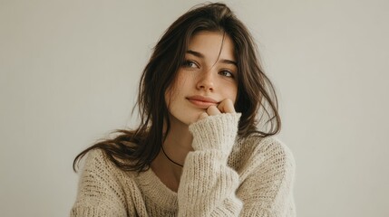A young woman with long, dark hair, wearing a loose-fitting, cream-colored knit sweater, sits thoughtfully with her chin resting on her hand. She has a soft expression and appears in a well-lit room.