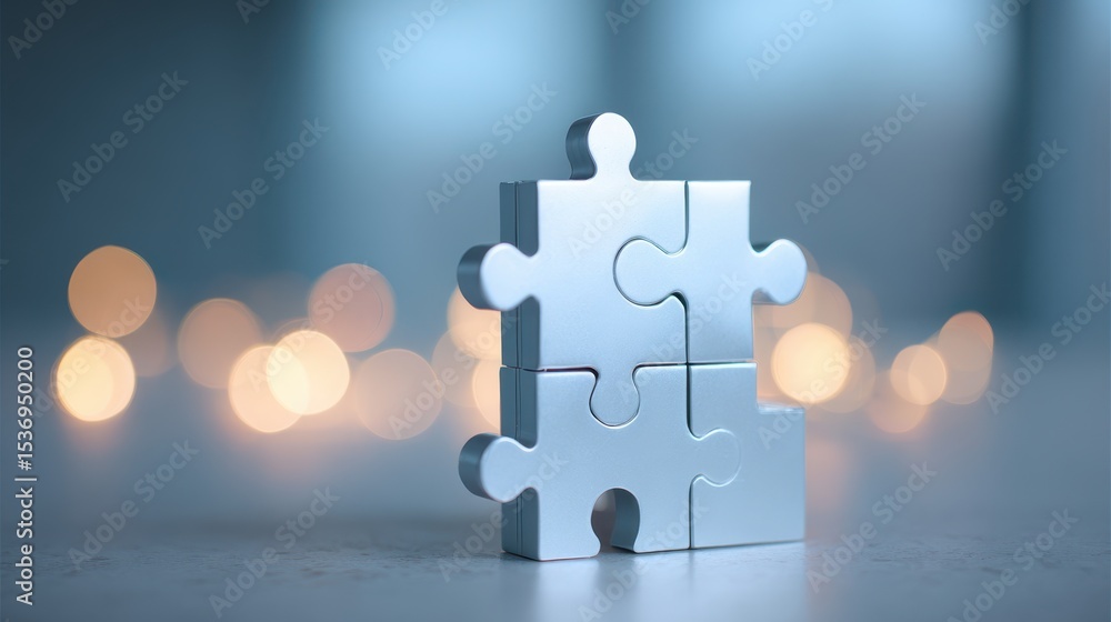 Poster a shiny puzzle piece stands prominently against a blurred background of soft lights, symbolizing pro