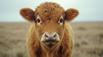 Cow with wide, surprised eyes staring at camera, in a sunlit field with detailed fur and realism.