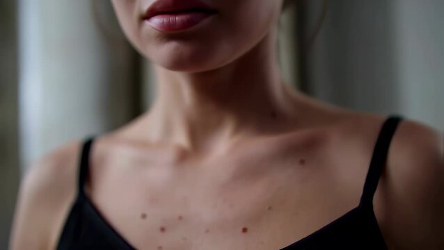 A detailed closeup reveals a young woman's skin, showing various moles and nevi on her chest before tilting up to her introspective face. Soft, natural lighting enhances the focus on skin texture.