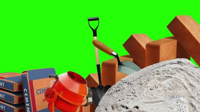 4K Video Animation of Construction Material Composition on A Solid Green Background