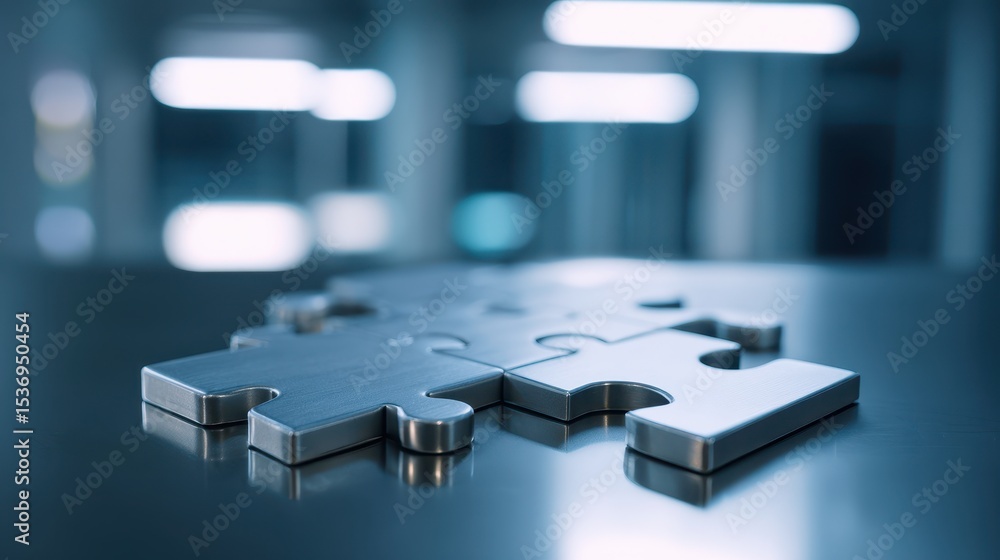 Poster metal puzzle pieces on a reflective surface, symbolizing problem-solving and connection in a modern,