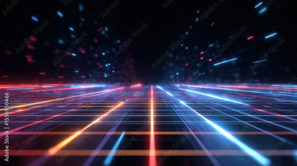 Aufkleber Dynamic neon lines create a futuristic perspective, conveying movement and depth in a digital landscape.