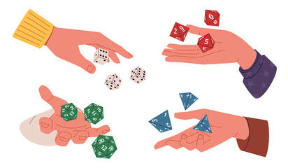 Adventure board game. Human hands hold rpg dices, playing process, points number, home entertainment, throwing out, random symbol, cartoon flat style isolated nowaday vector concept