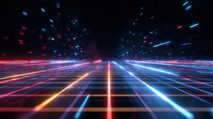 Dynamic neon lines create a futuristic perspective, conveying movement and depth in a digital landscape.