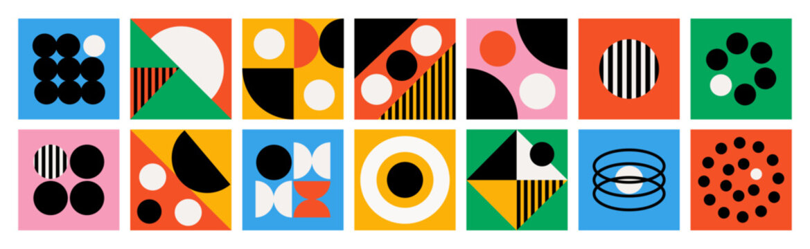 Bauhaus color shapes. Geometric abstract compositions, minimalistic forms, modern pattern design, brutalism style cards, square composition, minimalism posters, garish vector isolated set