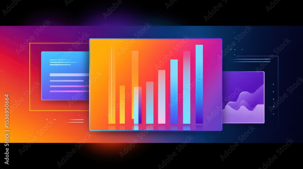 Poster vibrant digital graphic depicting various data visualizations like bar charts and line graphs on a c