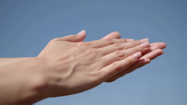  A woman's well-cared-for hands with pale pink nails are shown in closeup, making a soft, gentle gesture in the sun. The simple, bright blue sky background provides clean copy space. 