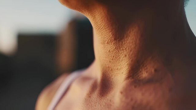 A detailed, shallow depth of field shot captures the delicate texture of skin on a person's neck, with goosebumps forming in the warm, low light of golden hour outdoors.