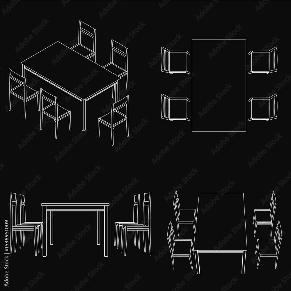 Poster a set of dining table and chairs drawn with clean lines on a black background. the rectangular table