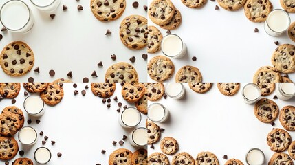 Obraz premium Four-square grid of chocolate chip cookies and glasses of milk