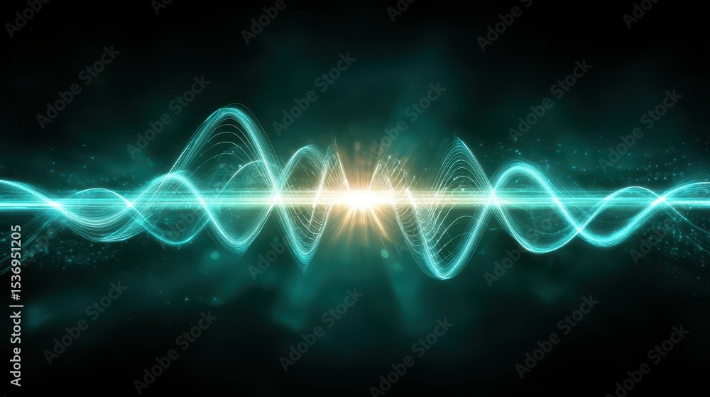 Poster abstract digital waves with a glowing center, representing sound or light frequency in a dark enviro
