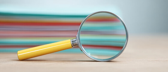 Magnifying glass with yellow handle is placed on wooden surface, focusing on colorful paper sheets