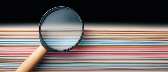 Magnifying glass rests on stack of colorful documents, symbolizing scrutiny and analysis