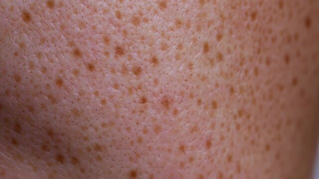 A detailed macro view of a person's skin surface, characterized by brown hyperpigmentation spots (freckles), open pores, and short hair stubble.