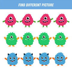 Find different monster each row. Logical game for kids. Cartoon monster. Flat illustration. Vector
