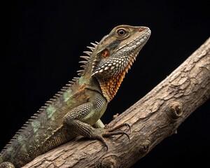 Obraz premium dragon lizard on a branch, isolated on a black background 