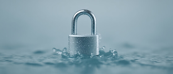 Silver padlock emerges from rippling water, symbolizing security and protection