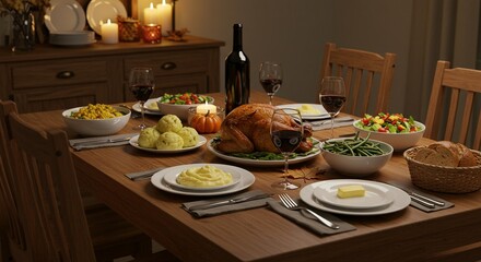 Festive Feast: A warm and inviting dining table is laden with a delicious roasted turkey and side dishes, bathed in the soft glow of candlelight, creating a cozy atmosphere for a festive meal.