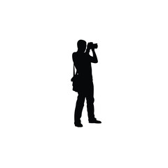 man taking photograph with camera silhouette on white background