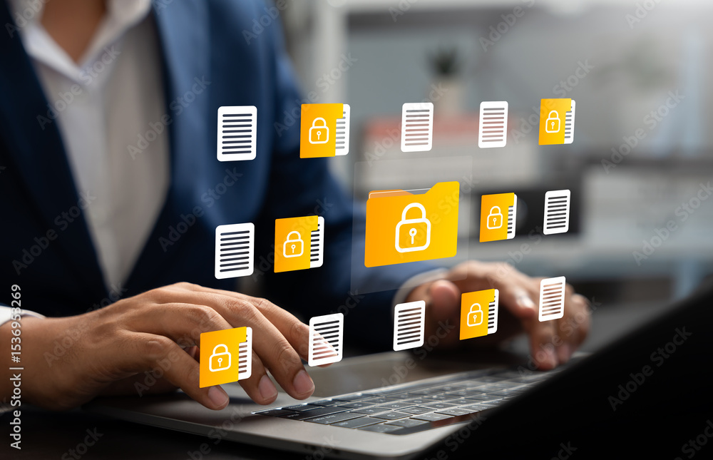 Poster businessman using laptop to access secure digital folder and document, cybersecurity, data privacy, 