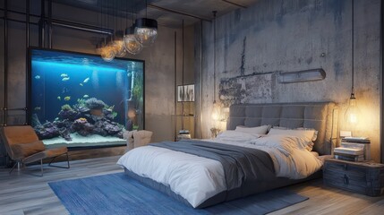 bedroom with steel furniture, exposed pipes, and a built-in stylish aquarium feature