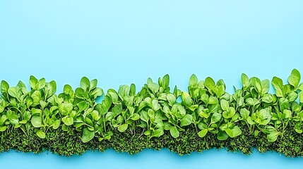 Fresh Spring Greens Sprouting Over Moss on an Azure Blue Backdrop Space
