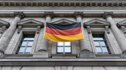 German flag waving on a historic building in an urban setting