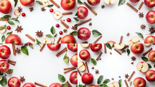 Four repeating patterns of red apples, cinnamon sticks, star anise, and cranberries arranged in a border around a white background