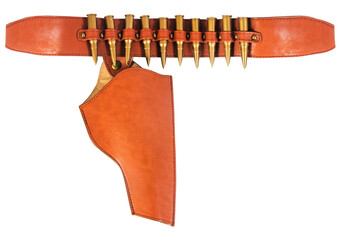 Isolated photo of cowboy revolver leather holster on white background.