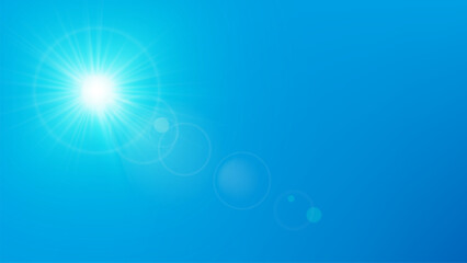 Sun in blue sky. Realistic bright white summer sun with radiant sunlight beams and lens flares shine on blue beautiful sky. Nature sunny hot day spring landscape. Weather forecast vector background