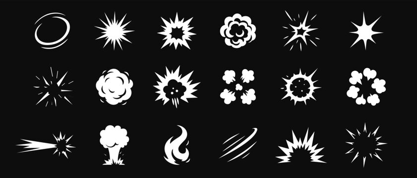 Comic energy explosion. Cartoon white explosions, fireballs and blast, impact flashes with fire flame, smoke and burst, games animation manga puff explosive effect. Boom explode vector silhouettes